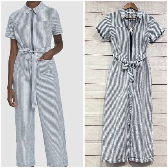 English Factory Striped Belted Jumpsuit Short Sleeve Wide Leg Size XS Chic Blue - Picture 1 of 13
